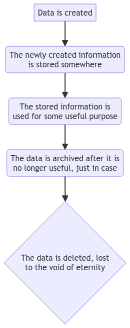 Flow diagram of the Data Lifecycle: Data is created → The newly created information is stored somewhere → The stored information is used for some useful purpose → The data is archived after it is no longer useful just in case → The data is deleted, lost to the void of eternity